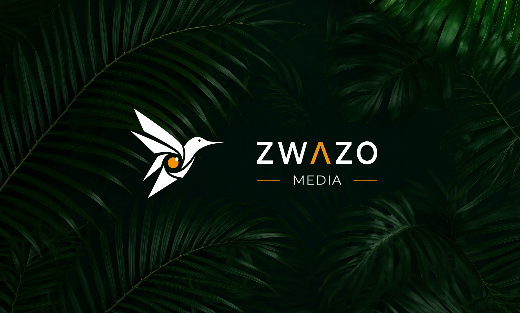 Zwazo Media — logo colibri blanc et orange sur un fond de feuillage vert